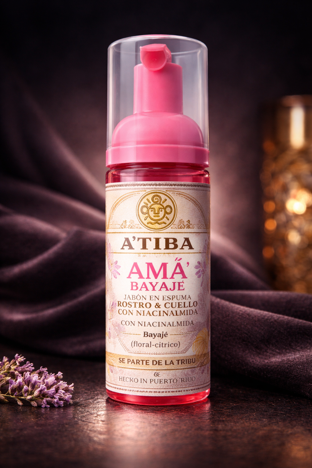 Close-up of Ama’ Bayajé foaming facial cleanser bottle handcrafted in Puerto Rico