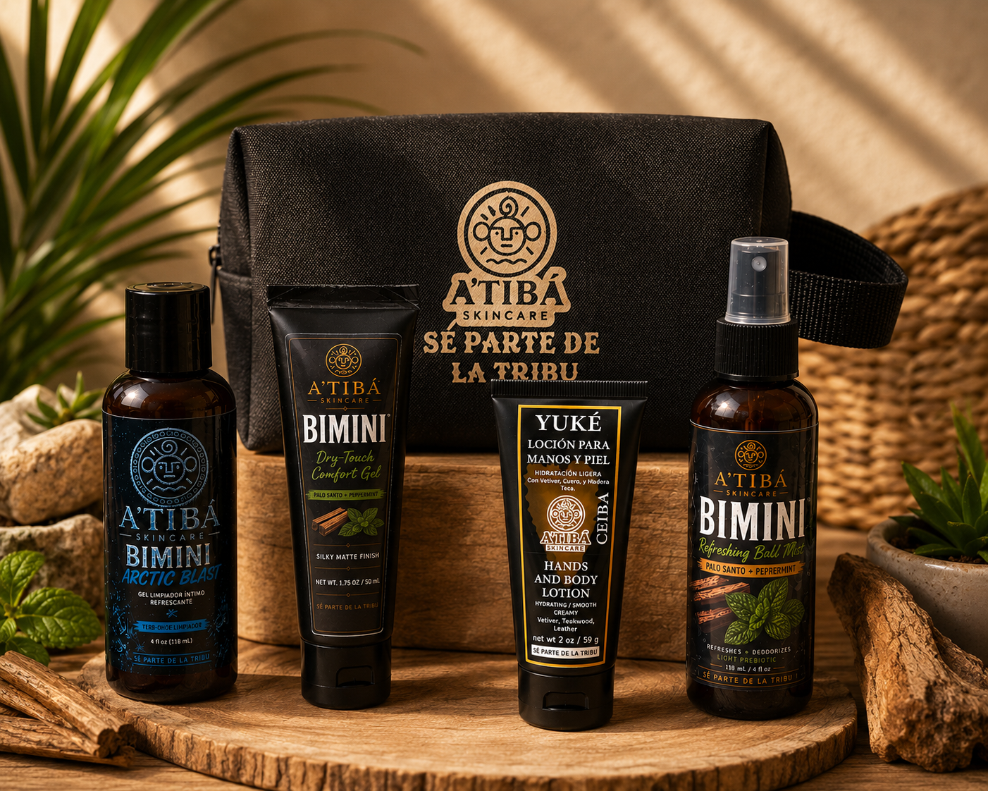 Canoa · El Ritual Básico — A'TIBÁ Skincare grooming kit with BIMINI Arctic Blast, Dry-Touch Comfort Gel, Ball Mist, Yuké Lotion and Canoa toiletry bag