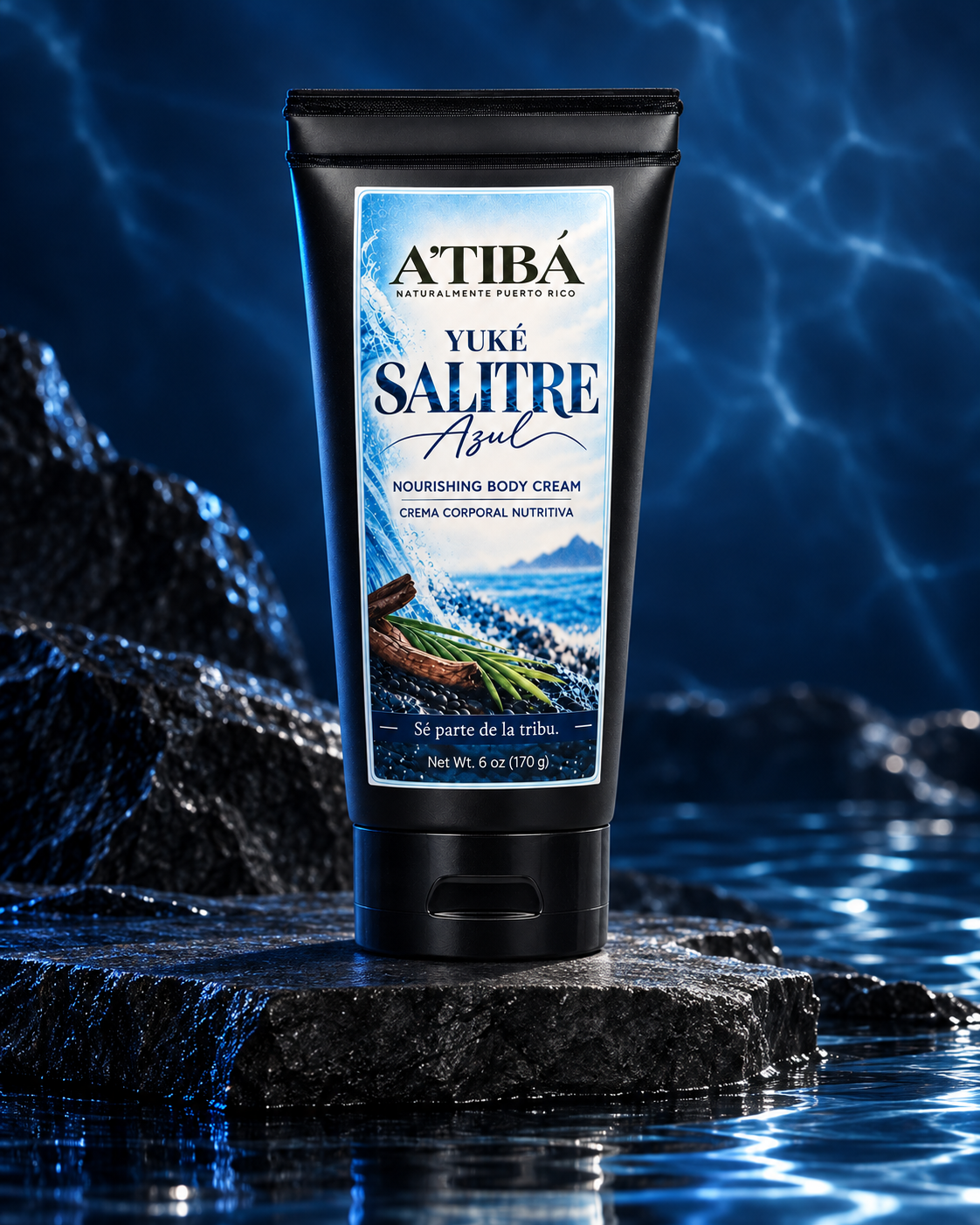 Yuké Salitre Azul luxury presentation — A'TIBÁ Skincare men's nourishing body cream, premium black tube, paired with CEMÍ Salitre Azul Body Mist for full scent-layering routine
