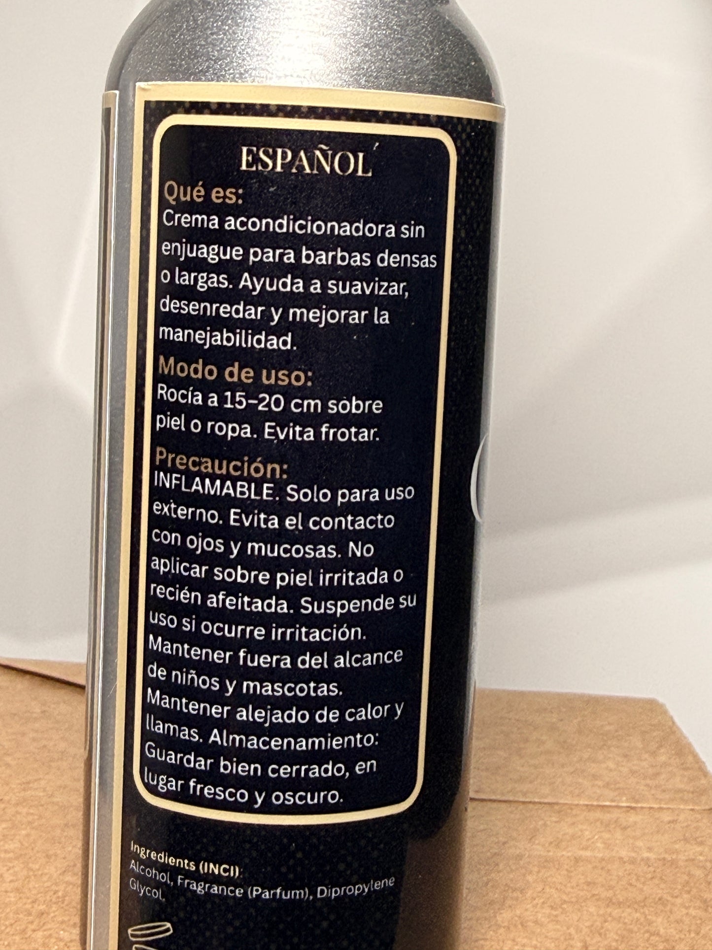 CAONA EDP back label in Spanish — directions, cautions, ingredients.