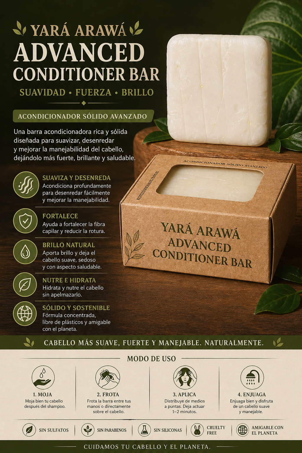 Yará Arawa solid conditioner bar — BTMS-50 mango butter jojoba oil formula