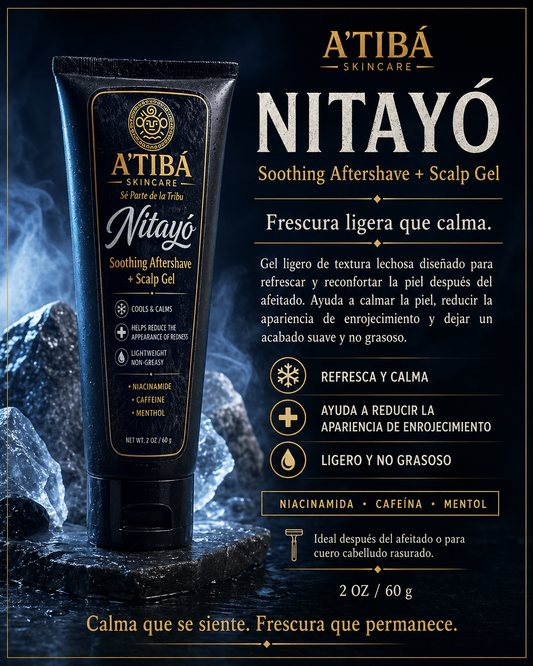 Nitayó Soothing Aftershave + Scalp Gel by A'Tibá Skincare — hero mockup of black tube with gold branding on dark background