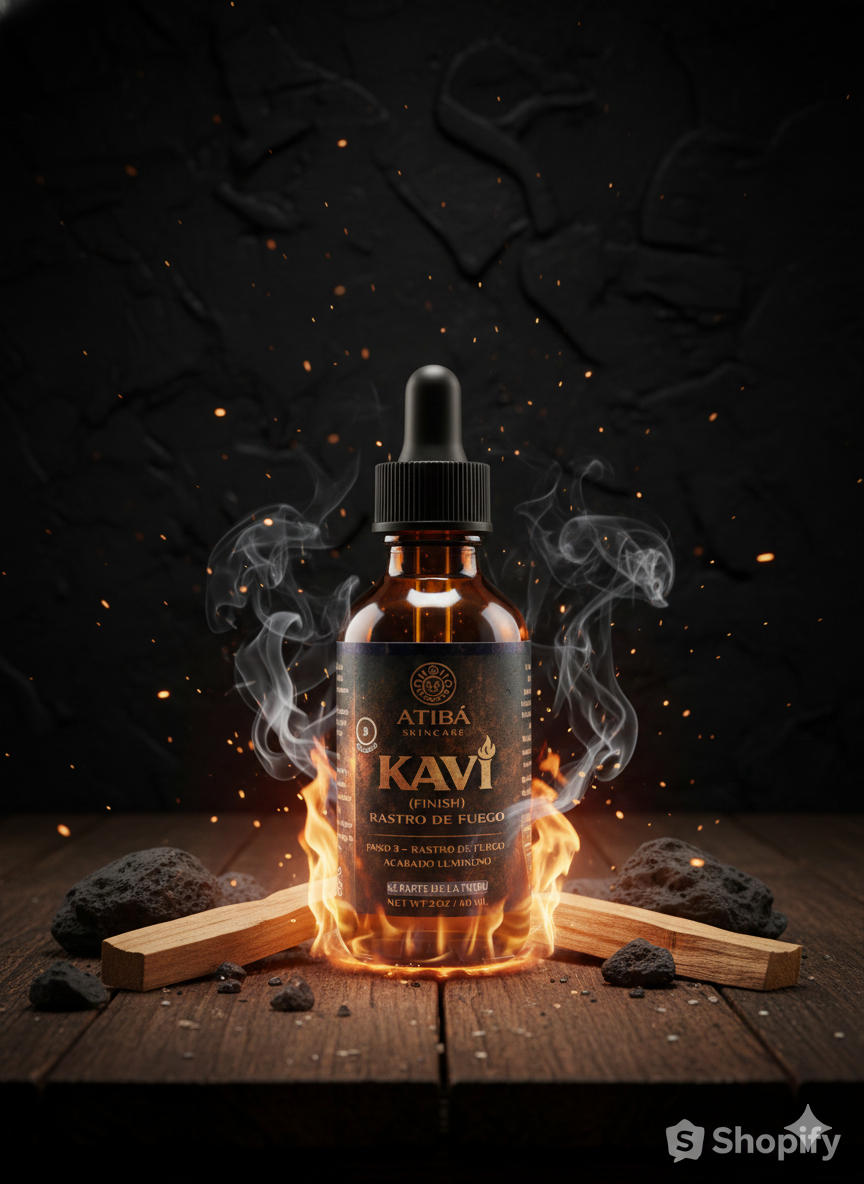 Kaví Rastro del Fuego packaging — handmade in Puerto Rico by A'Tibá Skincare
