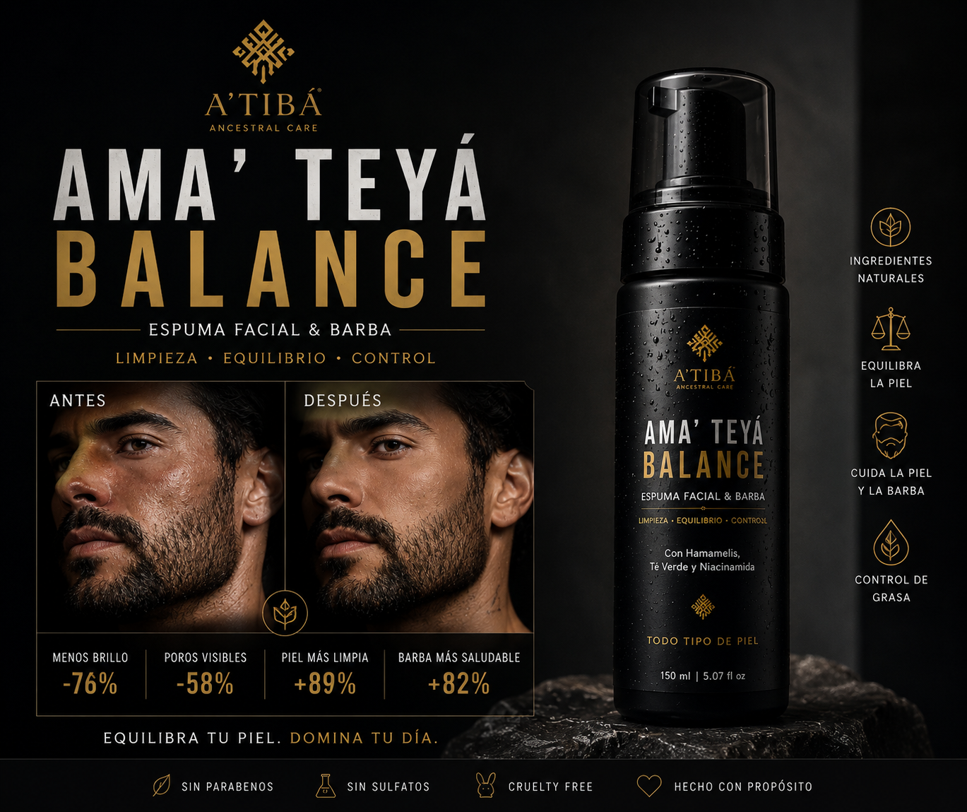 Ama' Teyá Balance Premium Foaming Beard + Face Cleanser by A'Tibá Skincare — hero product image