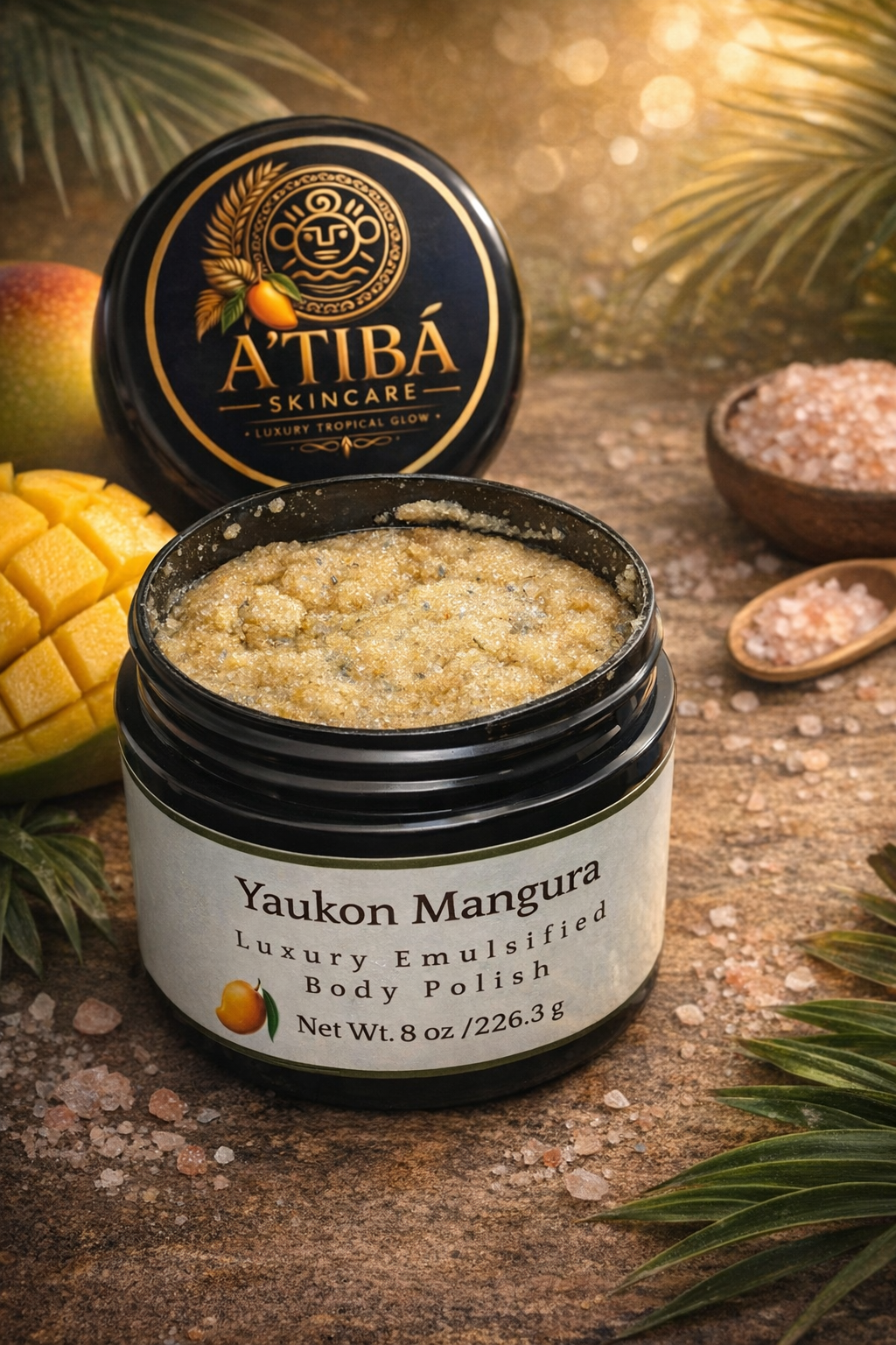 Yaukon Mangura open jar showing golden sugar scrub texture with A'Tibá Skincare lid, surrounded by mango and pink Himalayan salt