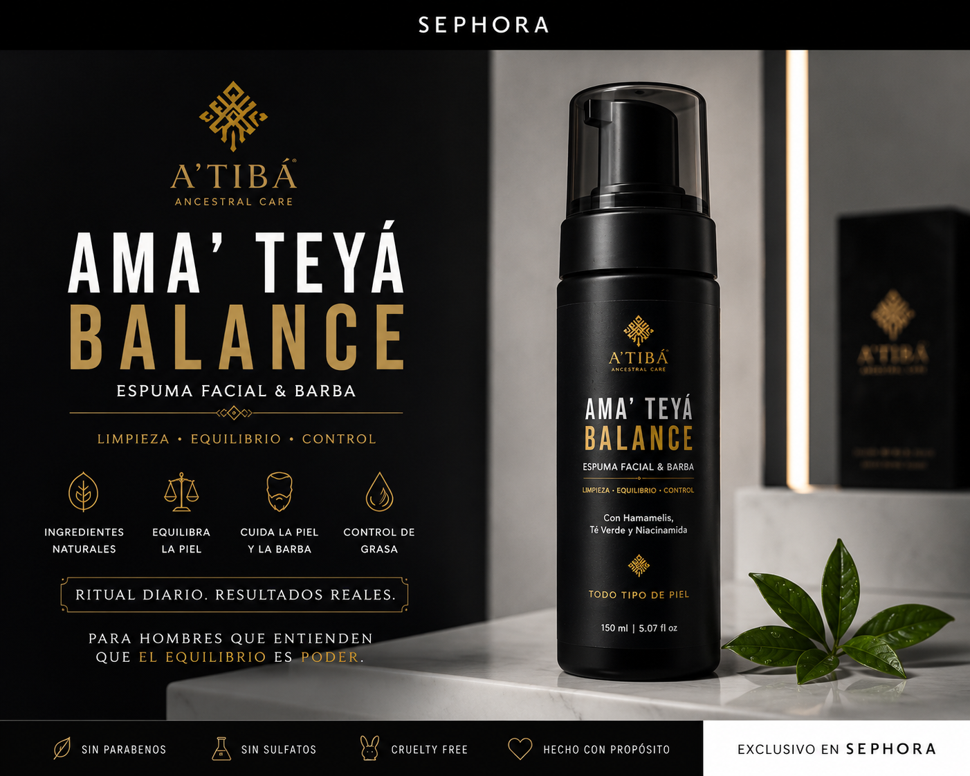 Ama' Teyá Balance beard and face cleanser — 2 fl oz black foaming bottle