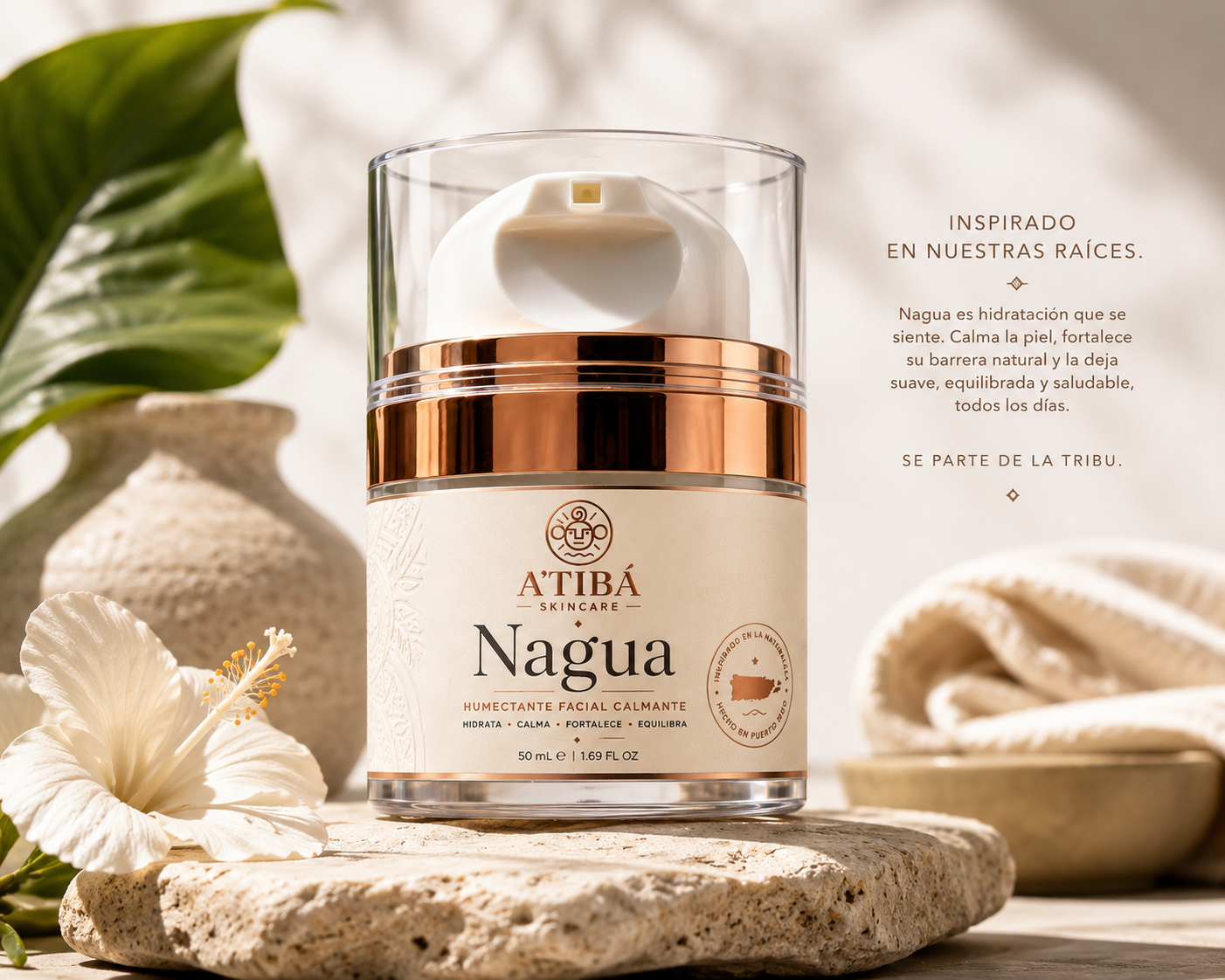 NAGUA™ Humectante Facial Calmante — A'TIBÁ Skincare full product lineup lifestyle shot on wooden shelf with Guaribá, Opía, Makaya — Sé parte de la tribu