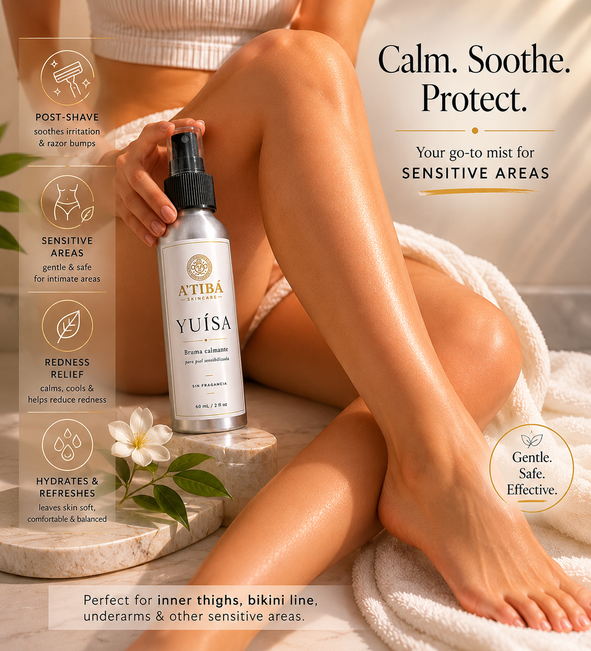 YUÍSA Recovery Mist by A'TIBÁ Skincare — lifestyle shot post-shave comfort mist for legs, bikini line and sensitive skin areas, Puerto Rico