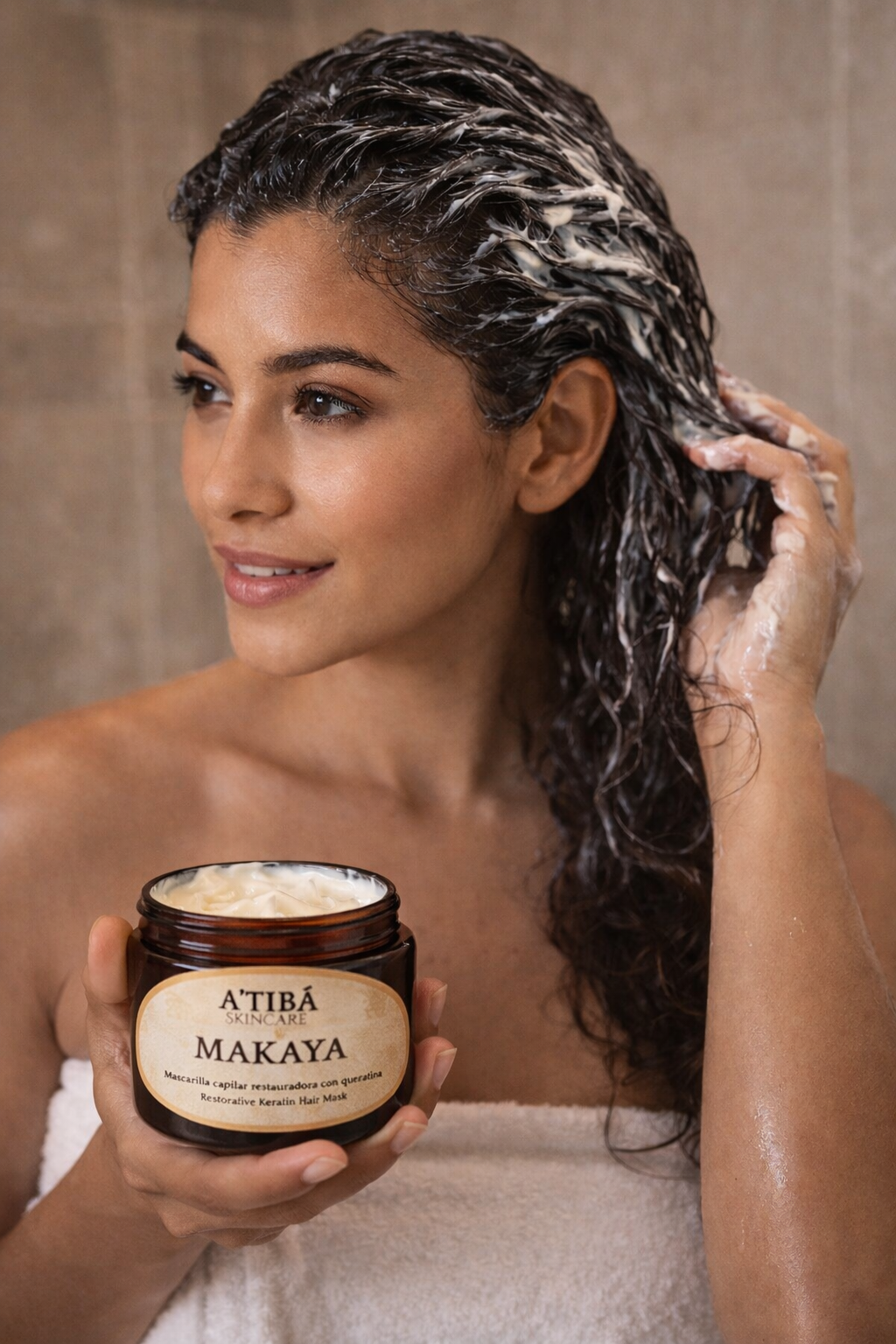 Makaya Keratin Hair Mask lifestyle shot — handmade in Puerto Rico by A'Tibá Skincare