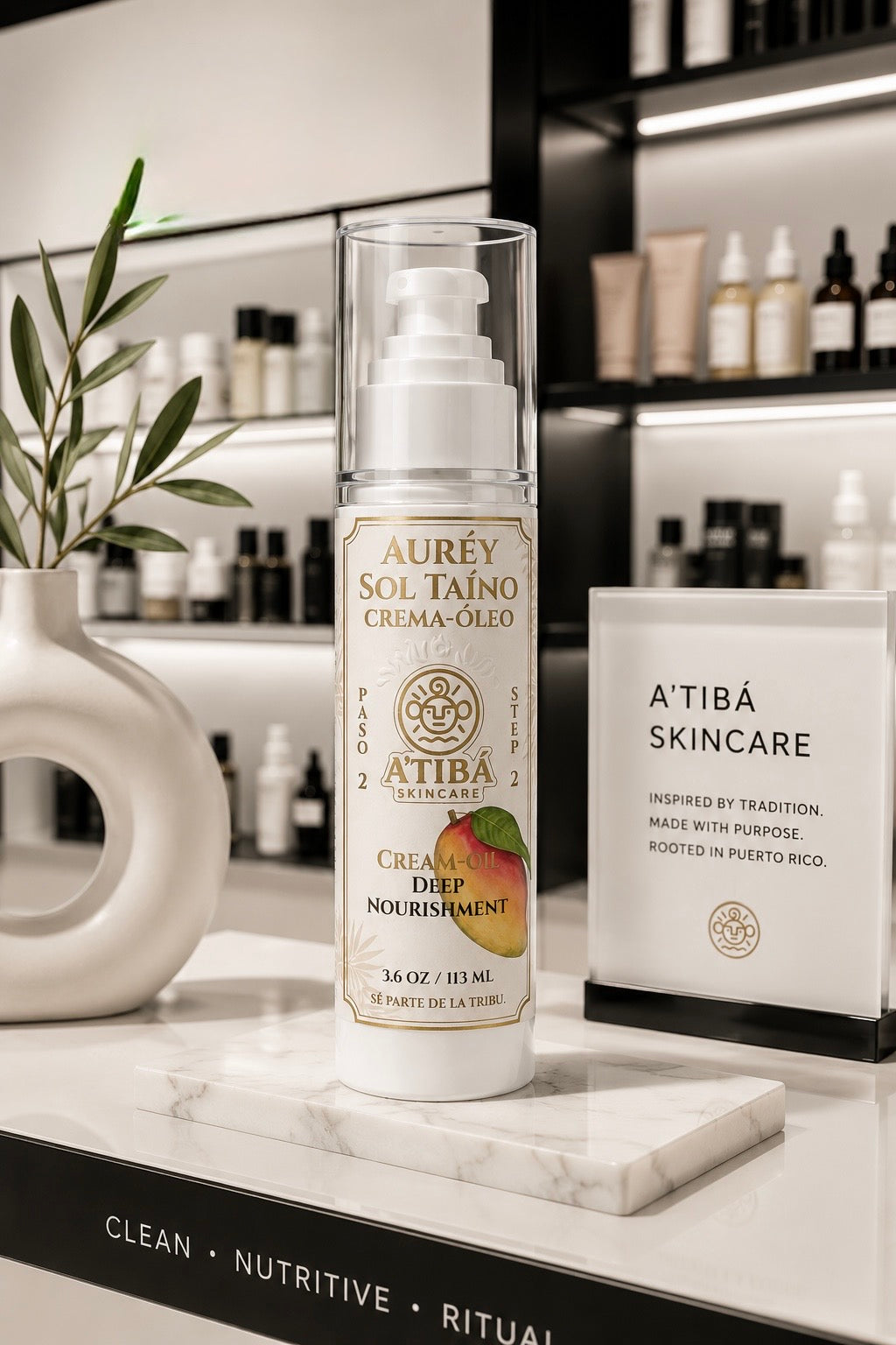 Auréy Sol Taíno Cream Oil lifestyle image — tropical luxury body ritual handmade in Puerto Rico