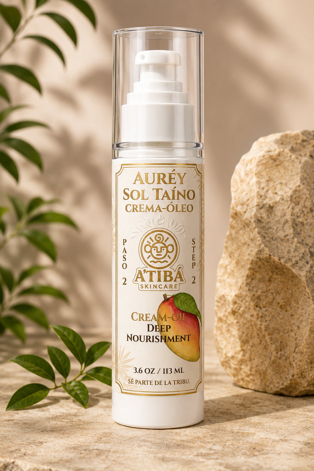 Auréy Sol Taíno Cream Oil — 100 mL airless pump bottle detail view