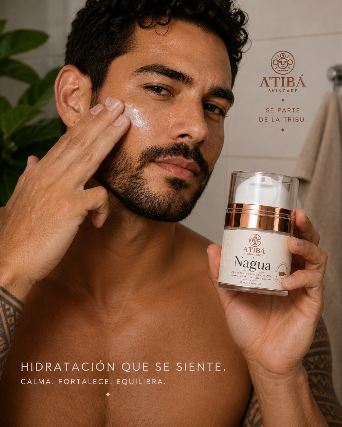 NAGUA™ Luxury Soothing Face Moisturizer — female lifestyle shot, woman applying cream to cheek smiling, Sé parte de la tribu, A'TIBÁ Skincare Yauco Puerto Rico