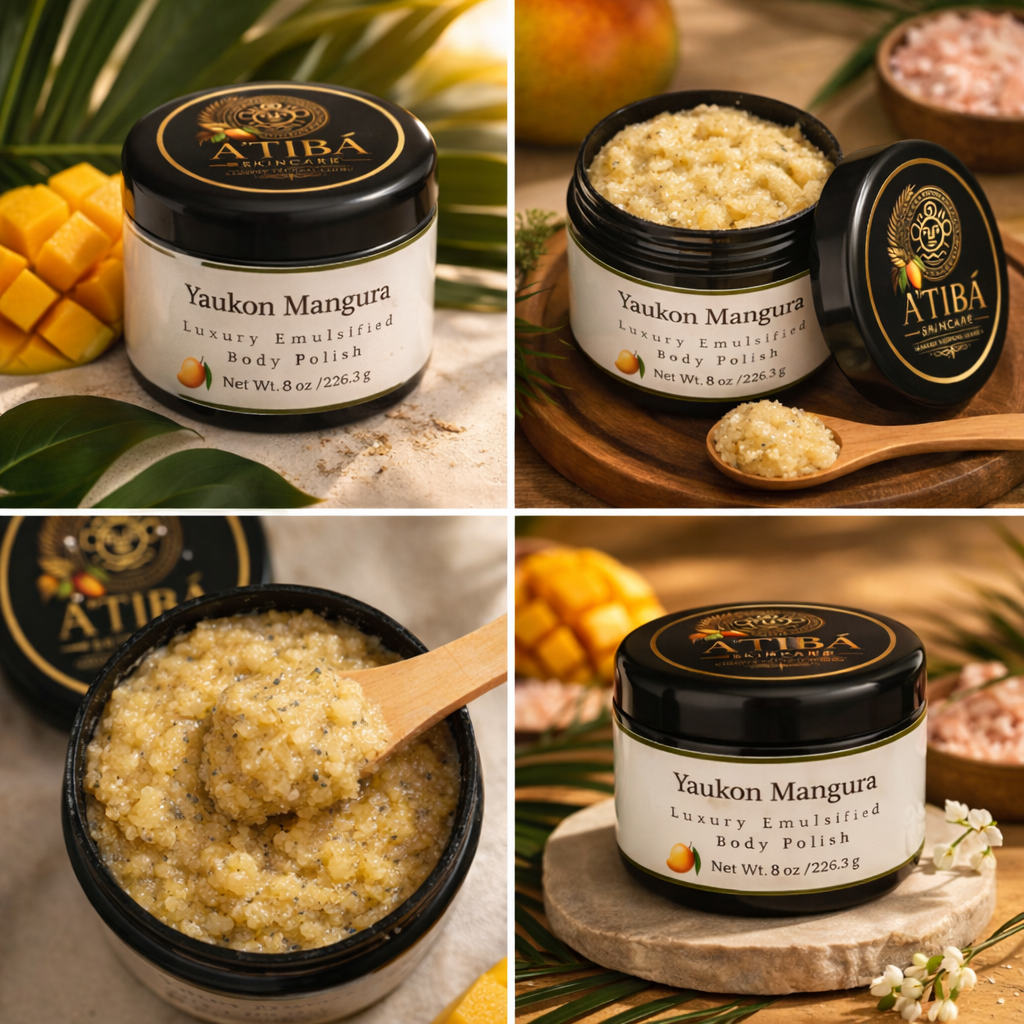 Yaukon Mangura body polish four-panel collage showing jar, open lid with scrub texture, and A'Tibá Skincare branding