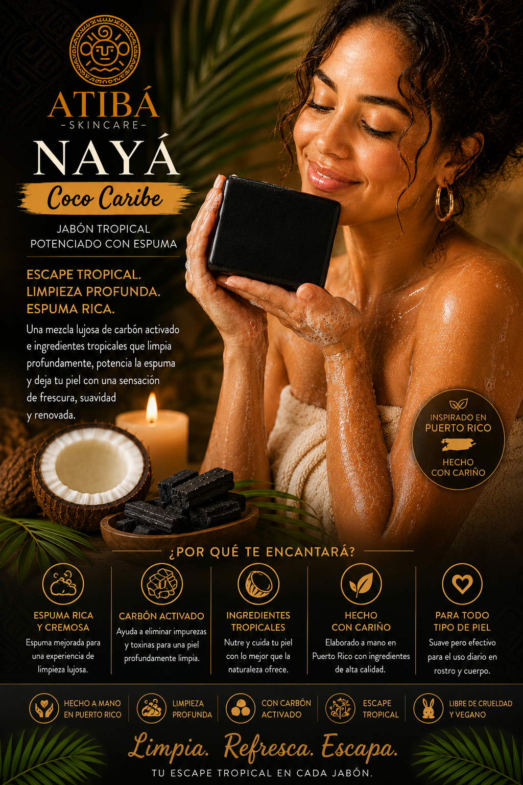 NAYÁ Coco Caribe infographic — Espuma Rica, Carbón Activado, Ingredientes Tropicales