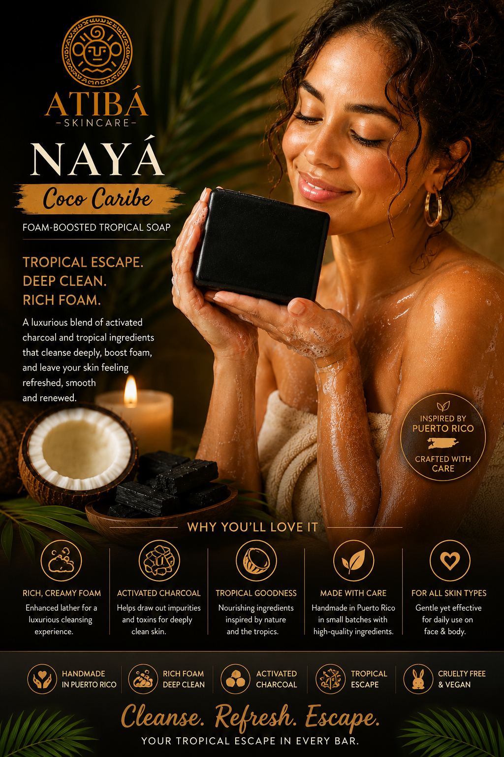 NAYÁ Coco Caribe soap packaging detail — Foam Boosted Tropical Soap 4 oz 113g