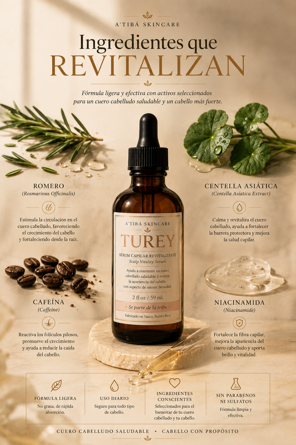 TUREY Scalp Vitality Serum by A'Tibá Skincare — hero product image 2 oz dropper bottle