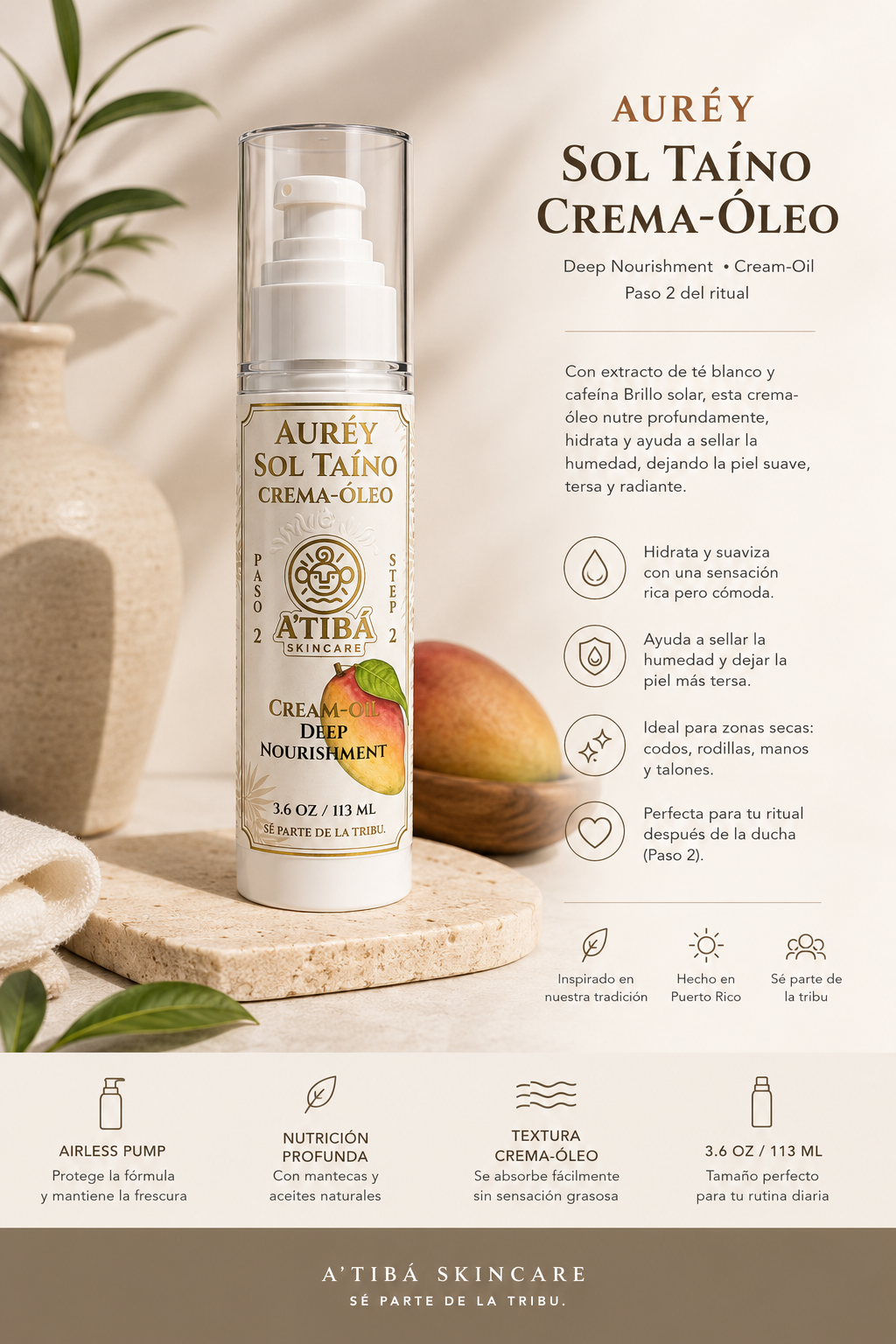 Auréy Sol Taíno Cream Oil by A'Tibá Skincare — mango butter and babassu oil body cream