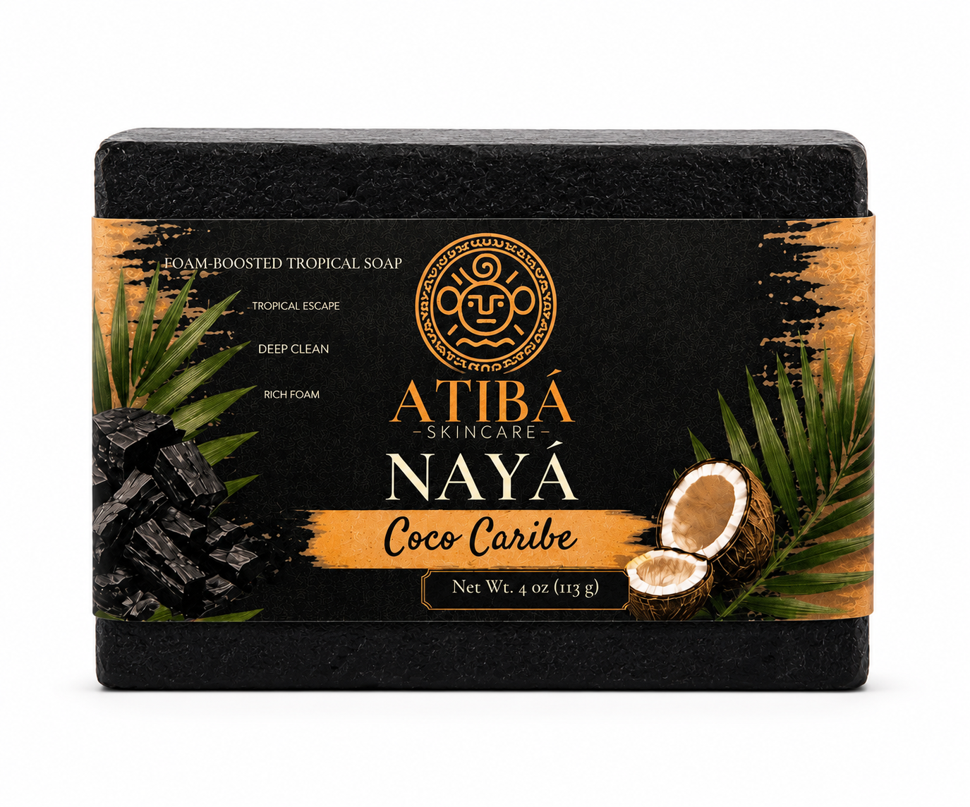 NAYÁ Coco Caribe soap bar — white background product shot with coconut and charcoal