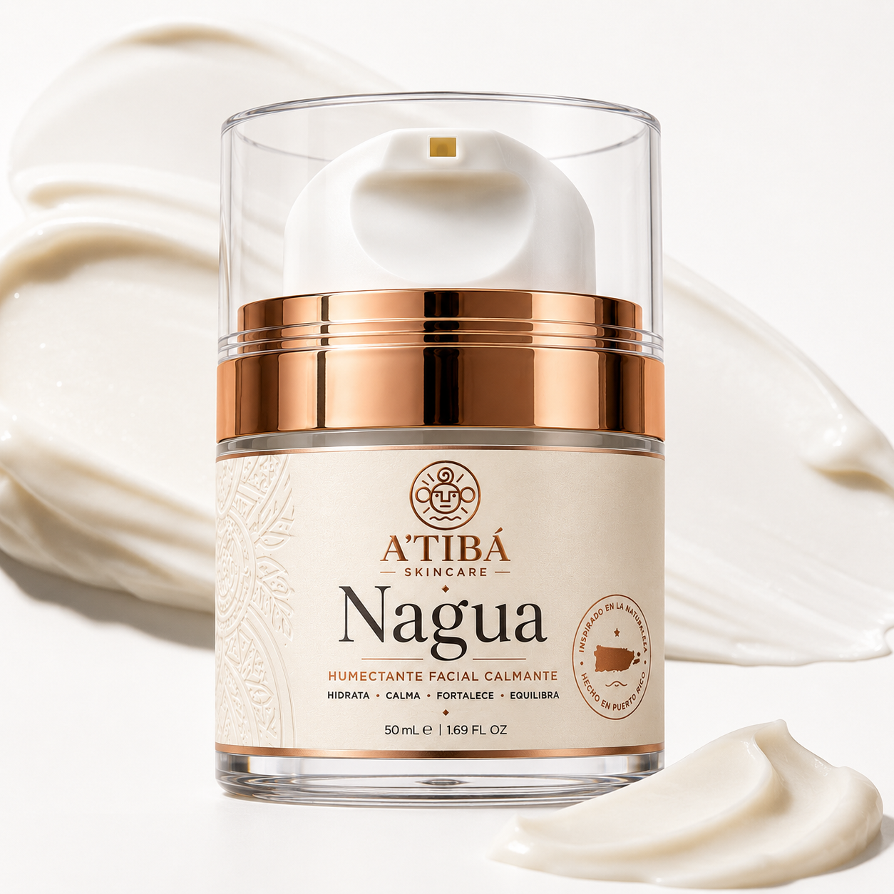 NAGUA™ face moisturizer product card — Clean Conscious Powerful — key ingredients Ectoin, Niacinamide, Beta Glucan — $49 — 50 mL — A'TIBÁ Skincare