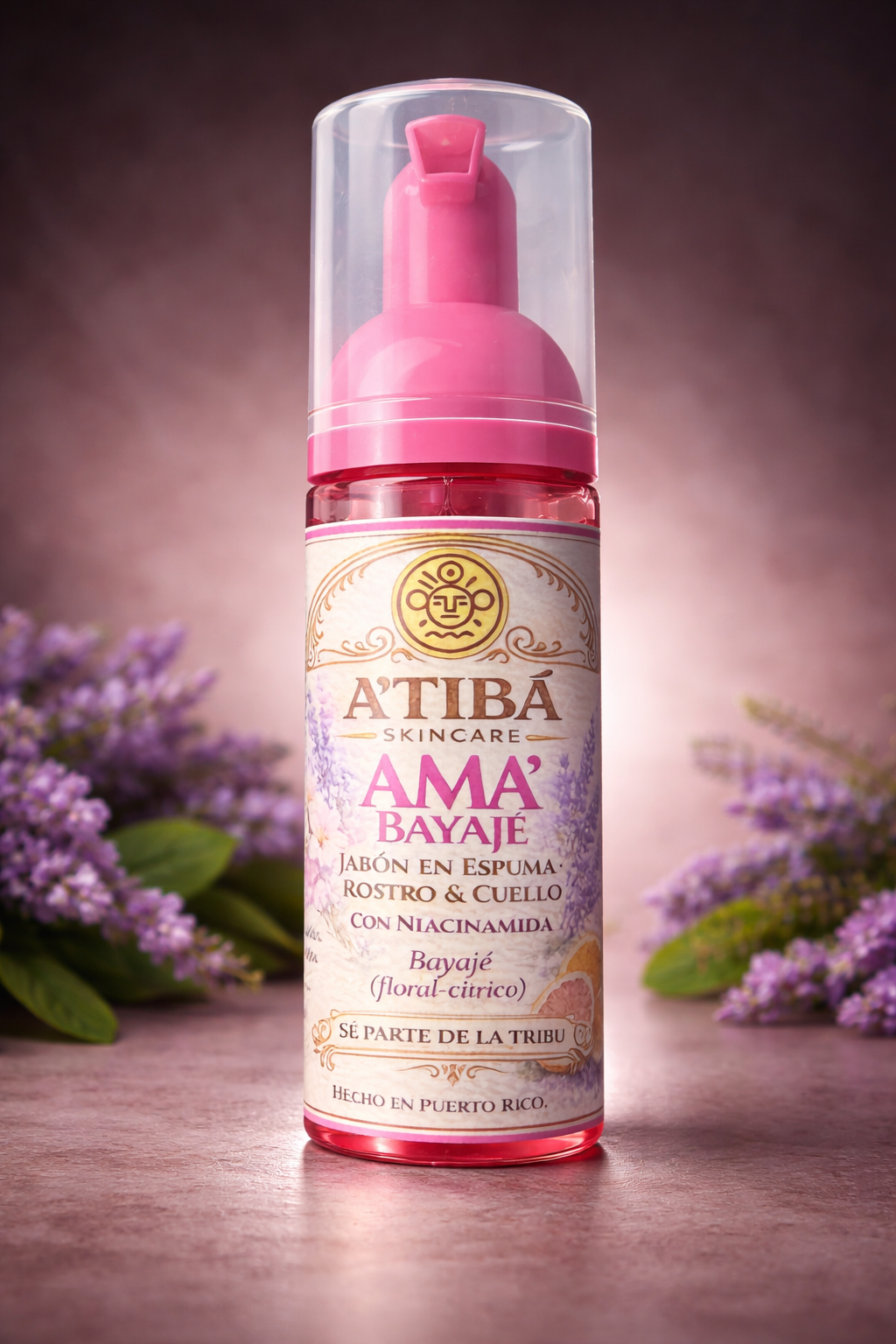 Ama’ Bayajé gentle foaming face wash by A’TIBÁ Skincare in 2 oz bottle with floral-citrus scent