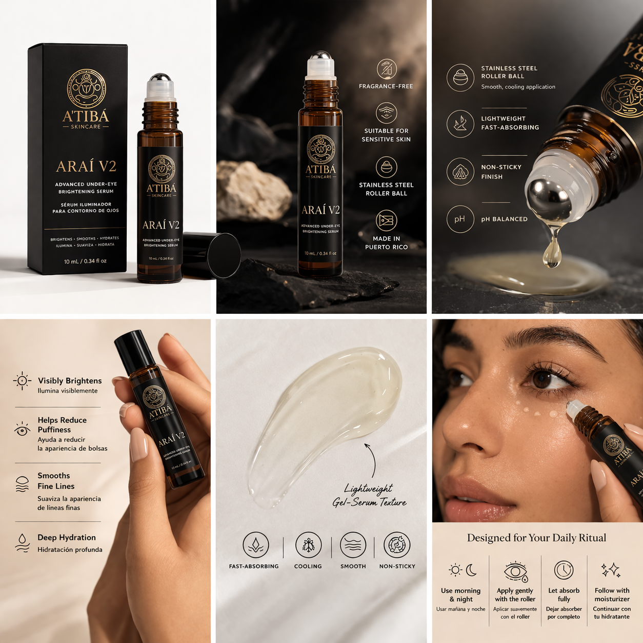 ARAÍ V2 Advanced Under-Eye Brightening Serum collage — A'Tibá Skincare handmade in Puerto Rico