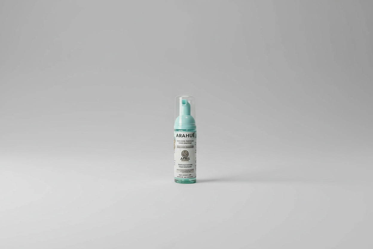 Arahue gentle foaming lash cleanser bottle on a black background