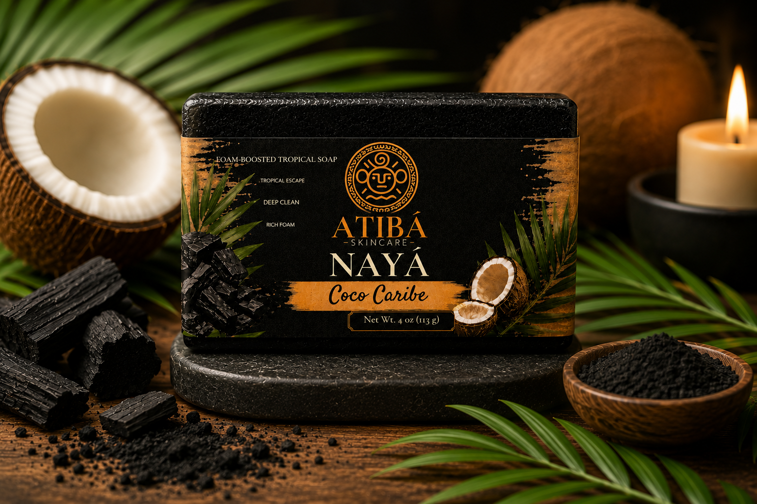 NAYÁ Coco Caribe Tropical Coconut Soap by A'Tibá Skincare — dark stone lifestyle hero image