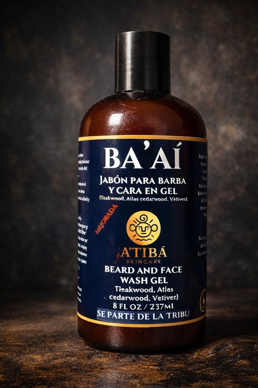 Bottle of beard and face wash gel on a dark background
