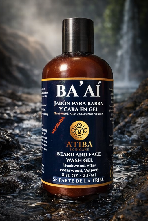 Ba'ai beard and face wash gel bottle with natural background