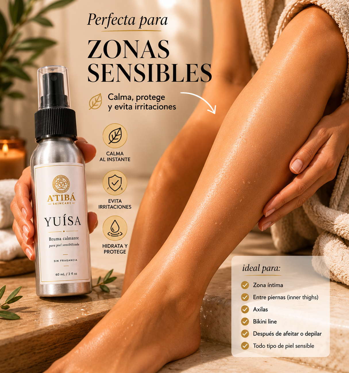 YUÍSA Post-Treatment Recovery Mist — product hero shot on travertine stone with olive branch, 60 mL aluminum bottle by A'TIBÁ Skincare