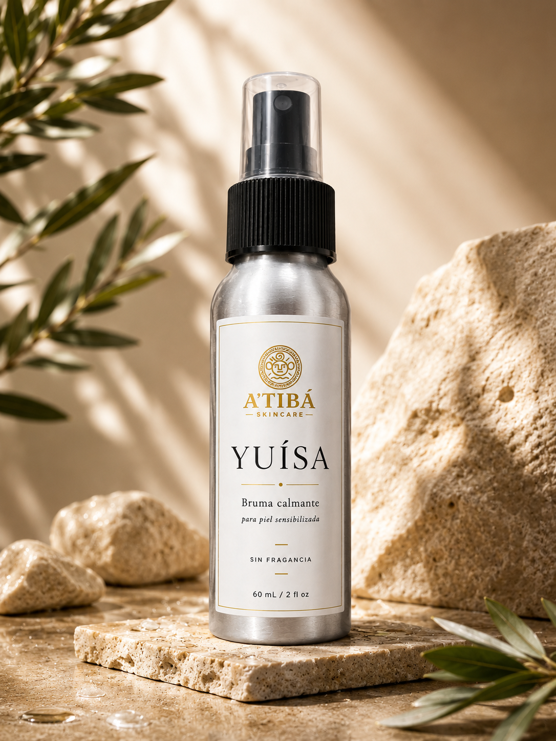 YUÍSA Post-Treatment Recovery Mist dramatic water splash hero shot — 2 fl oz aluminum bottle, fragrance-free, handmade in Puerto Rico