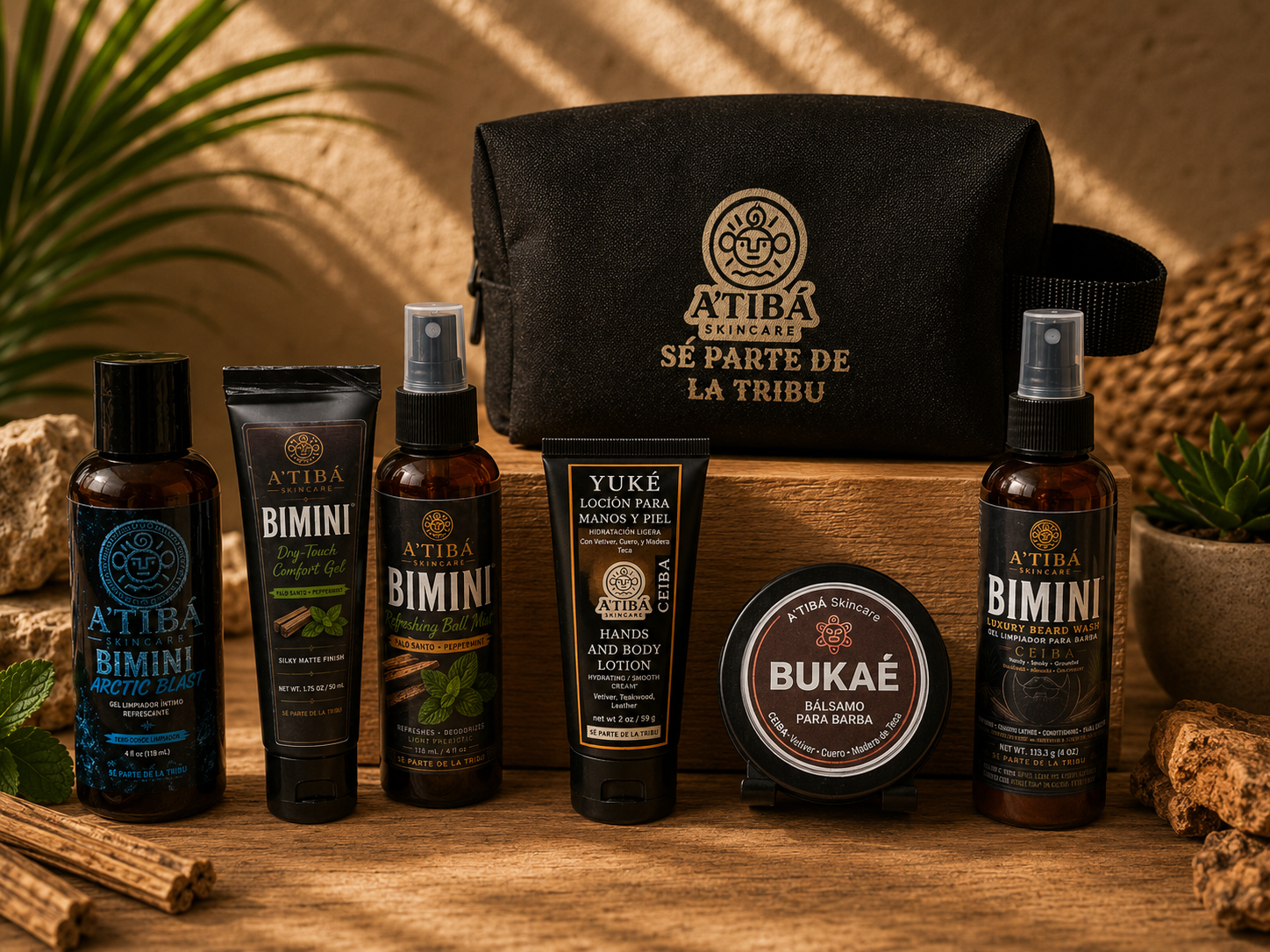 Canoa · El Ritual del Guerrero — A'TIBÁ Skincare full grooming kit with BIMINI, Ba'aí, Ama' Teyá, Yuké, Bukáé and Canoa toiletry bag