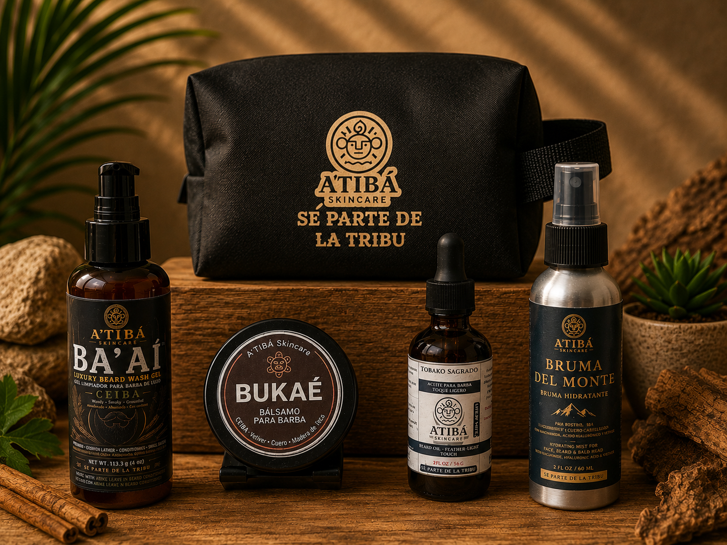 Canoa · El Guerrero de Barba — A'TIBÁ Skincare beard grooming kit with Ba'aí, Bukáé, TOBAKO SAGRADO beard oil, Bruma del Monte and Canoa toiletry bag