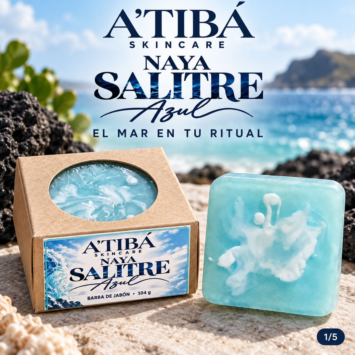 NAYA Salitre Azul Bar Soap by A'TIBÁ Skincare — carousel graphic 1, 104 g hand-poured blue and white swirl soap bar in window carton, Marino Amaderado Especiado, Yauco Puerto Rico