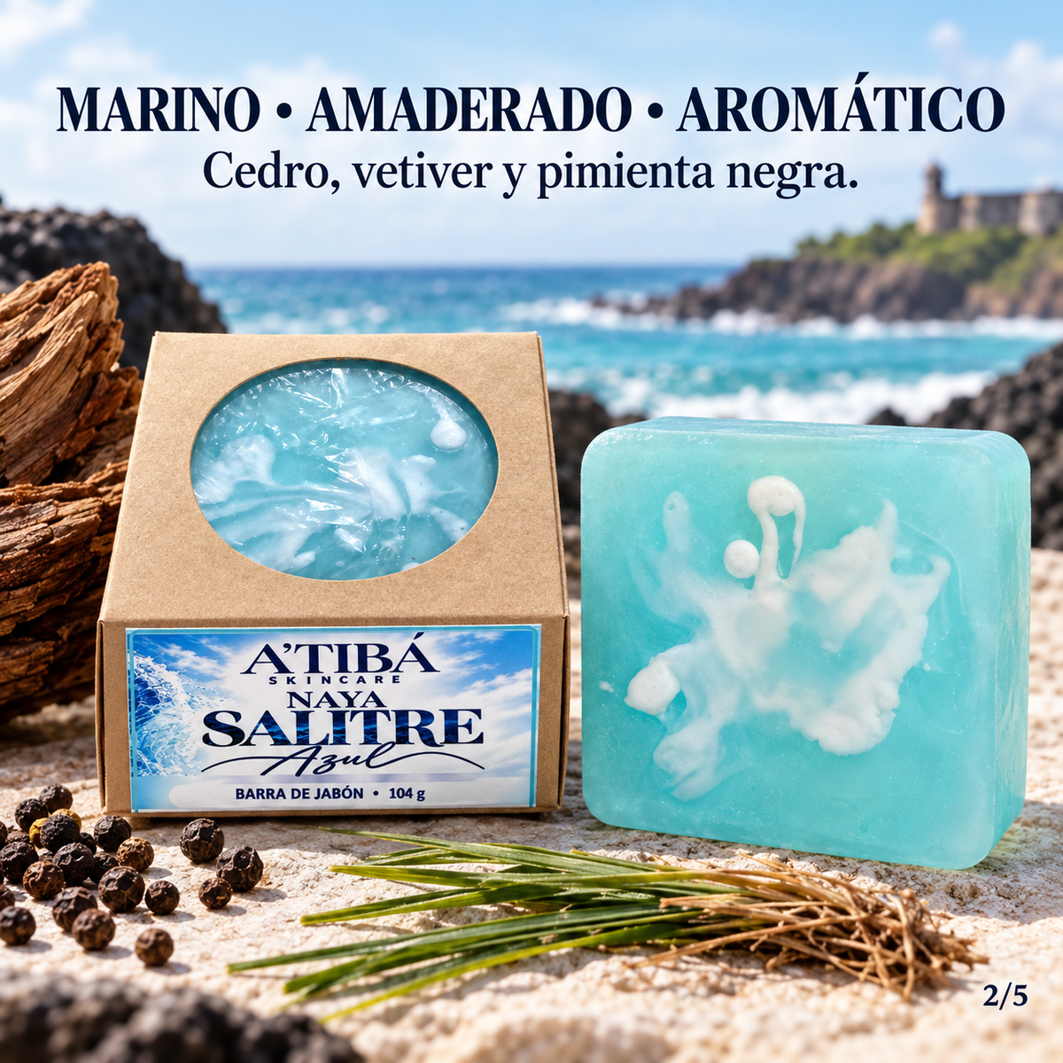 NAYA Salitre Azul Bar Soap — carousel graphic 2, fragrance profile marine woody spiced with cedarwood vetiver and black pepper notes, A'TIBÁ Skincare Veteran-Owned Puerto Rico