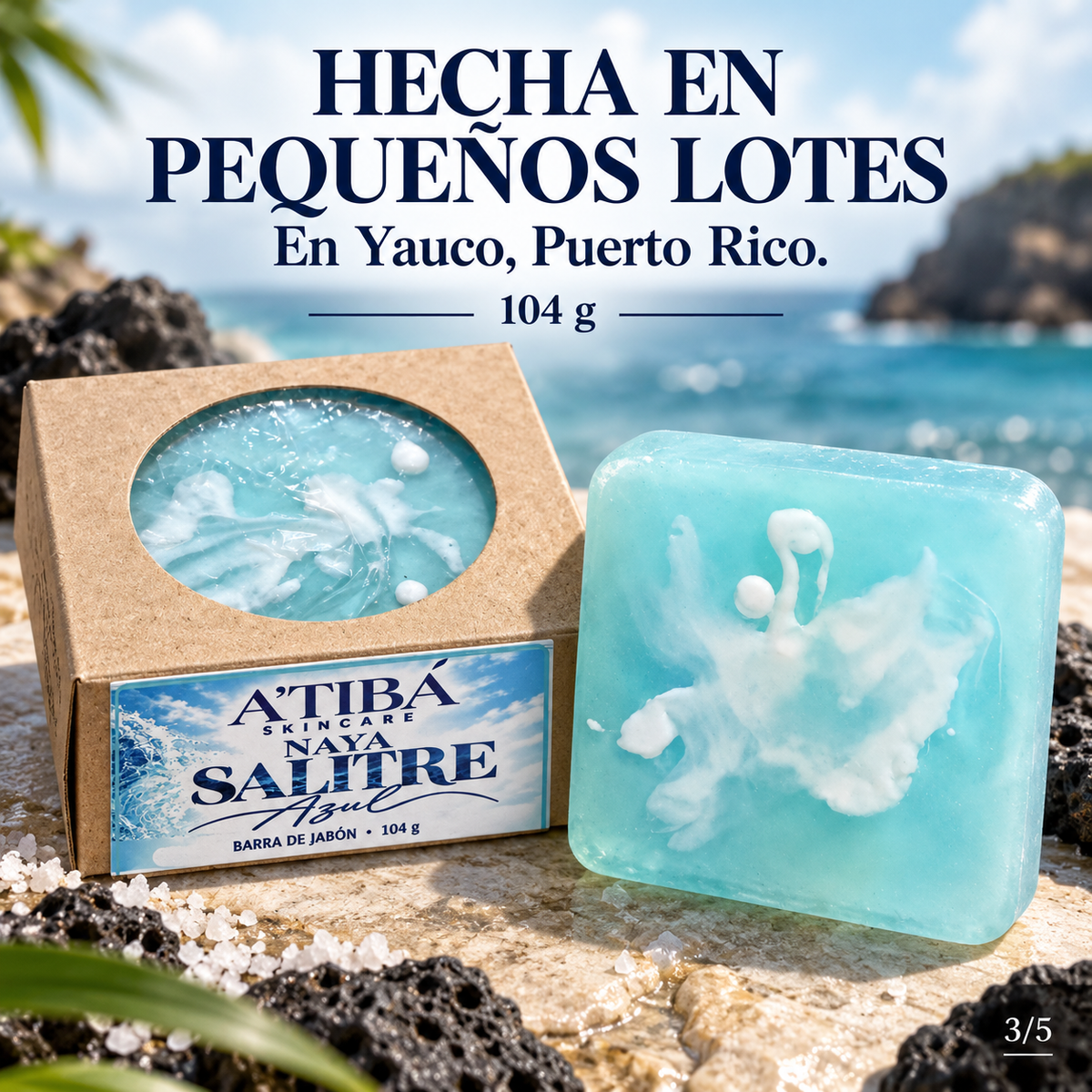 NAYA Salitre Azul Bar Soap — carousel graphic 3, product detail and key ingredients, hand-poured in small batches in Yauco Puerto Rico by A'TIBÁ Skincare