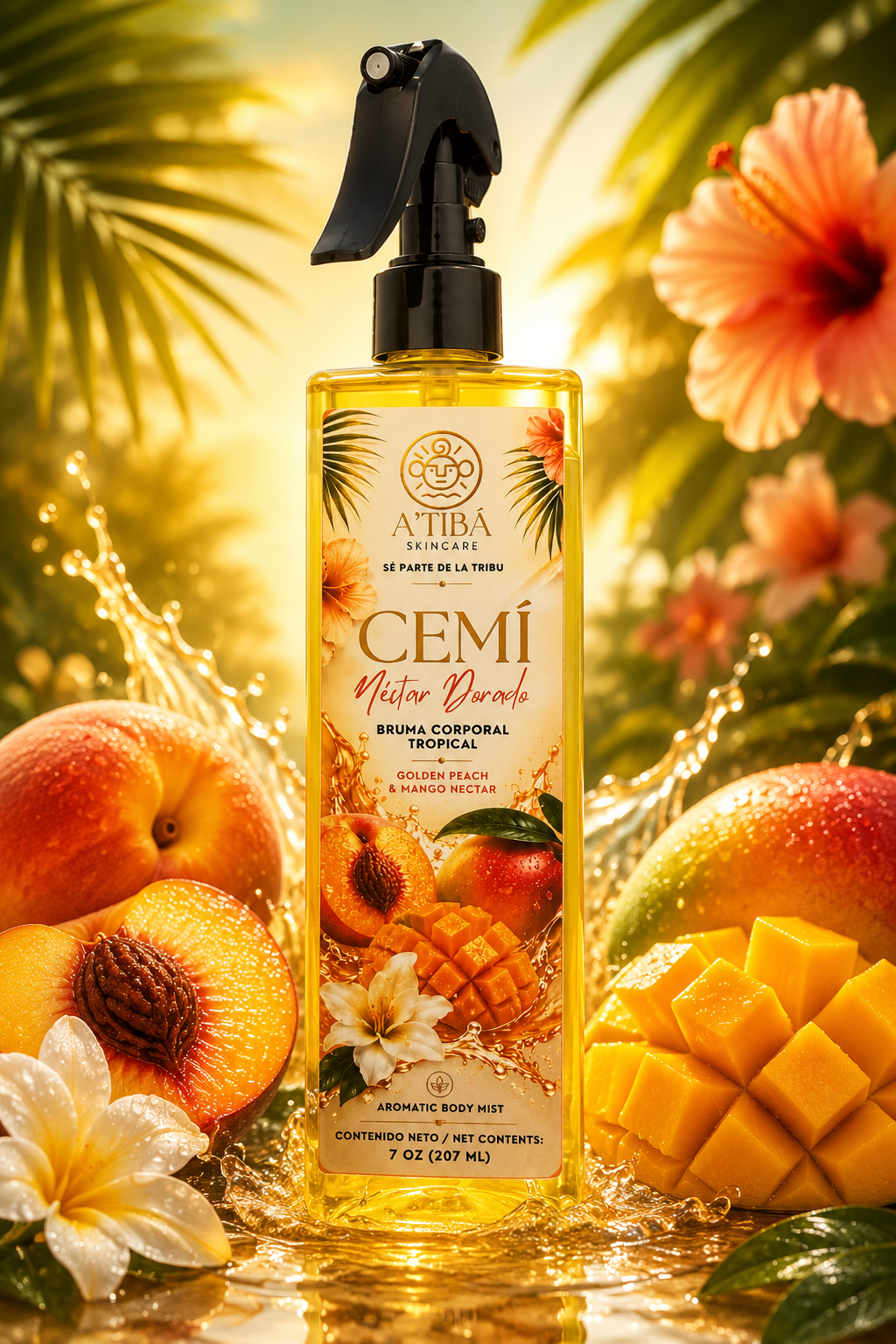 CEMÍ Néctar Dorado hero image — 7 oz golden peach and mango nectar body mist handmade in Puerto Rico