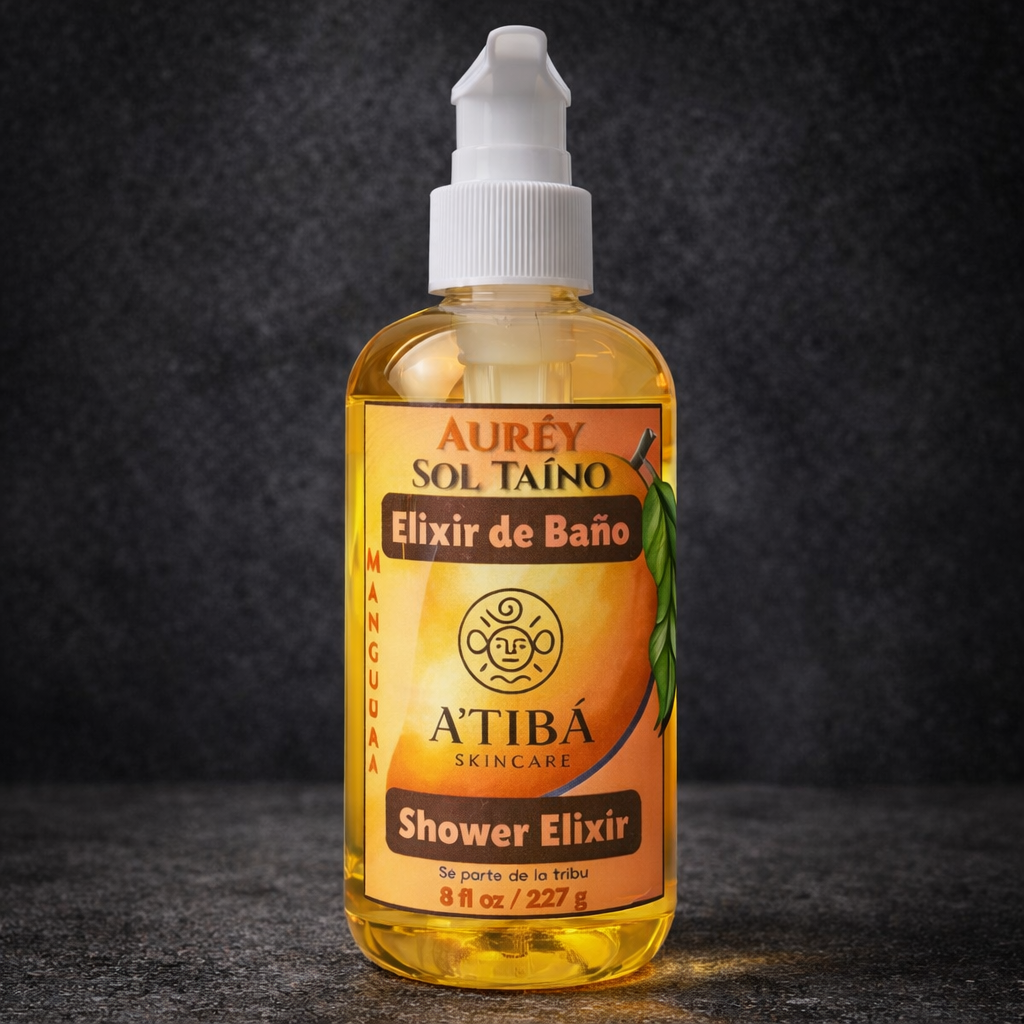 Auréy Sol Taíno Elixir de Baño Mangura by A'Tibá Skincare — golden oil-to-milk shower elixir 8 oz pump bottle
