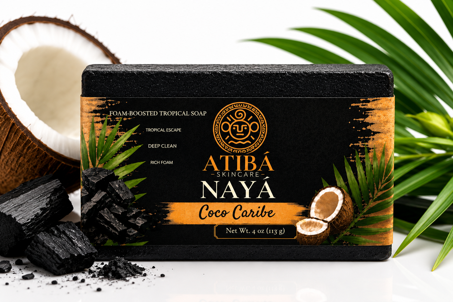 NAYÁ Coco Caribe clean white background — activated charcoal coconut soap handmade in Puerto Rico