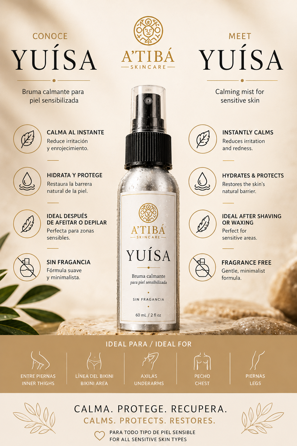 YUÍSA Bruma Calmante para piel sensibilizada — clean product shot on stone with soft towel, sin fragancia, 60 mL by A'TIBÁ Skincare