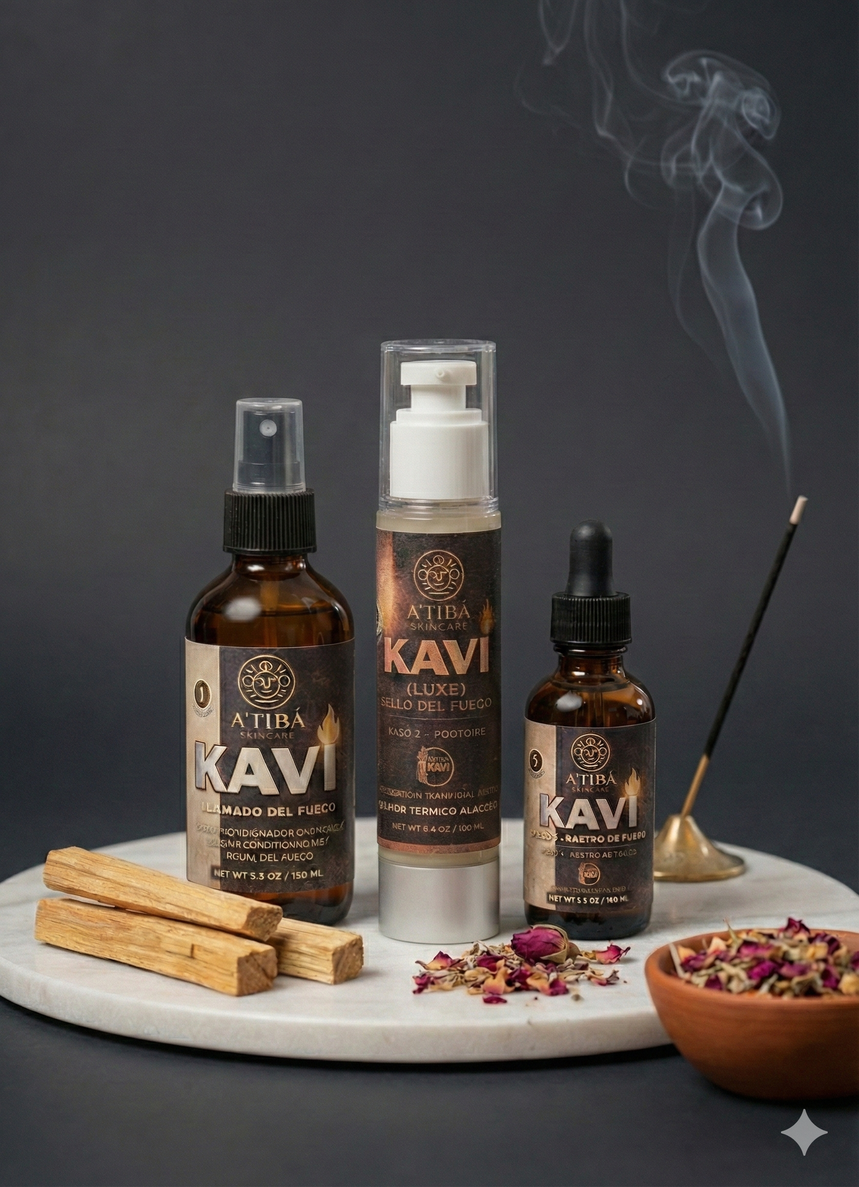 Kaví Bundle flat lay — all 3 products of the Ritual del Fuego by A'Tibá Skincare
