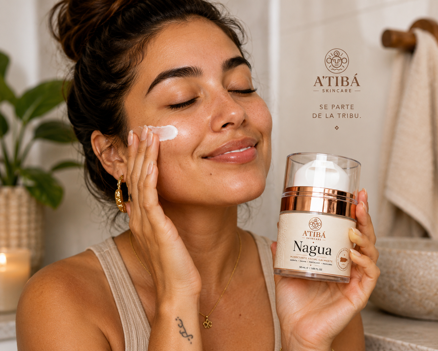 NAGUA™ Luxury Face Moisturizer — clean hero product shot on stone with white hibiscus and baby's breath, 50 mL airless jar, Hecho en Puerto Rico by A'TIBÁ Skincare