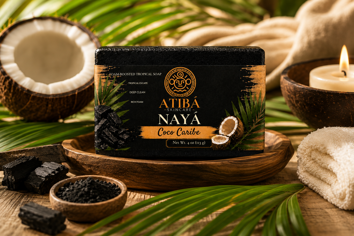 NAYÁ Coco Caribe by A'Tibá Skincare — wooden tray lifestyle with candle and palm leaves