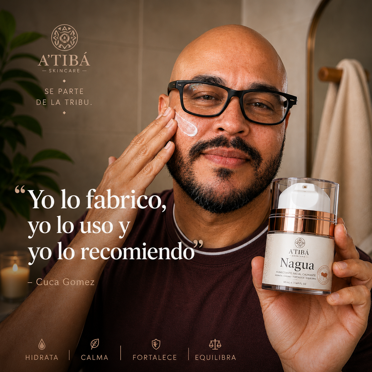 NAGUA™ Humectante Facial Calmante — white background packshot, 50 mL airless pump jar with rose gold collar, Hecho en Puerto Rico — A'TIBÁ Skincare
