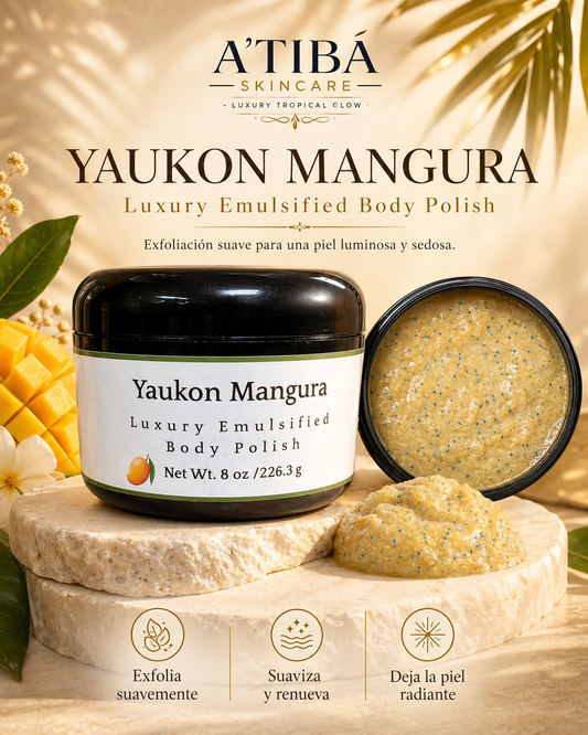 Yaukon Mangura Luxury Emulsified Body Polish by A'Tibá Skincare — hero promotional image showing open jar with scrub texture, mango slices, and tropical florals