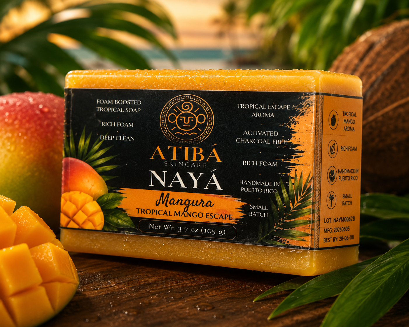 NAYÁ Mangura soap bar hero image — 3.7 oz Tropical Mango Escape
