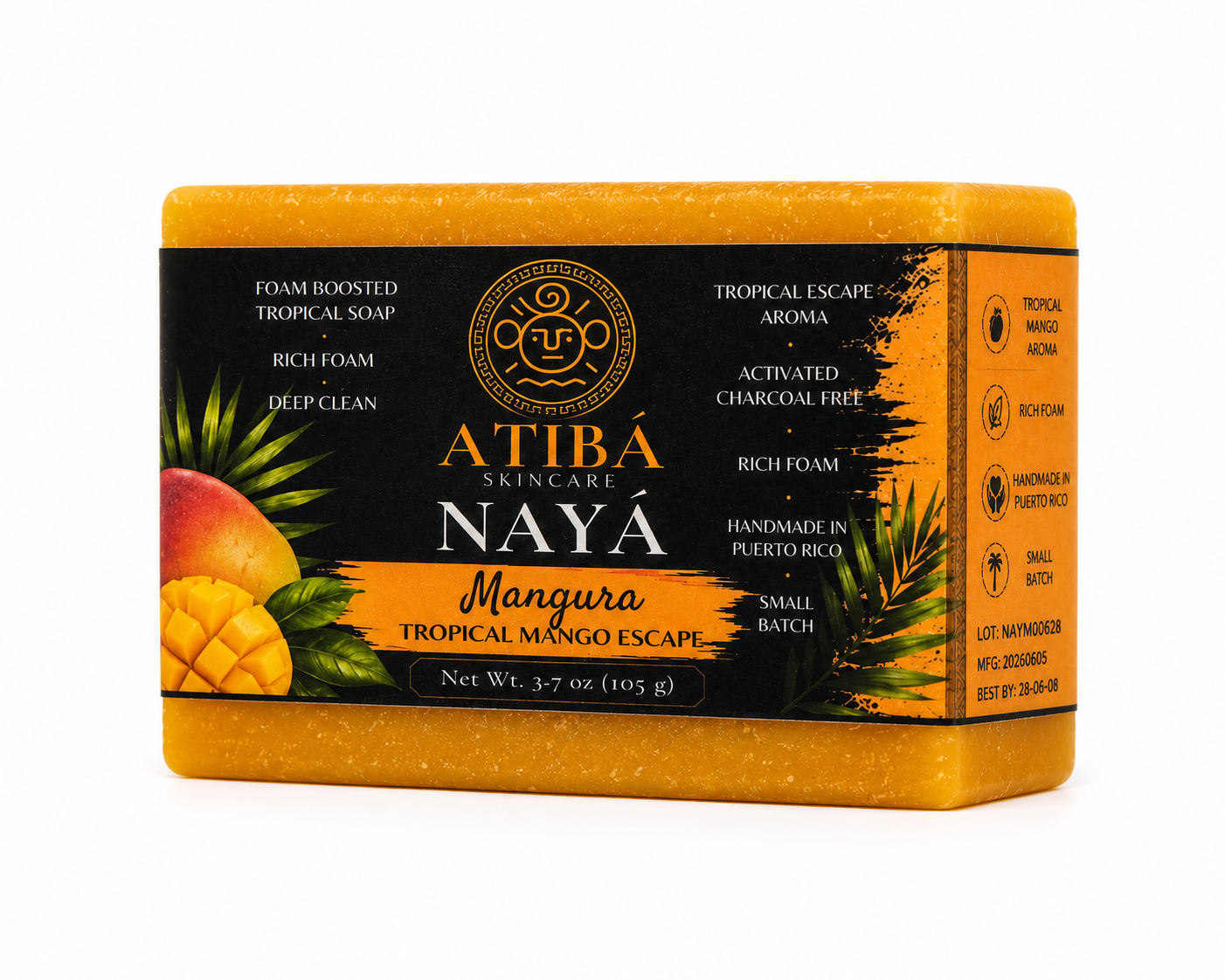 NAYÁ Mangura soap bar close-up — rich creamy lather foam boosted