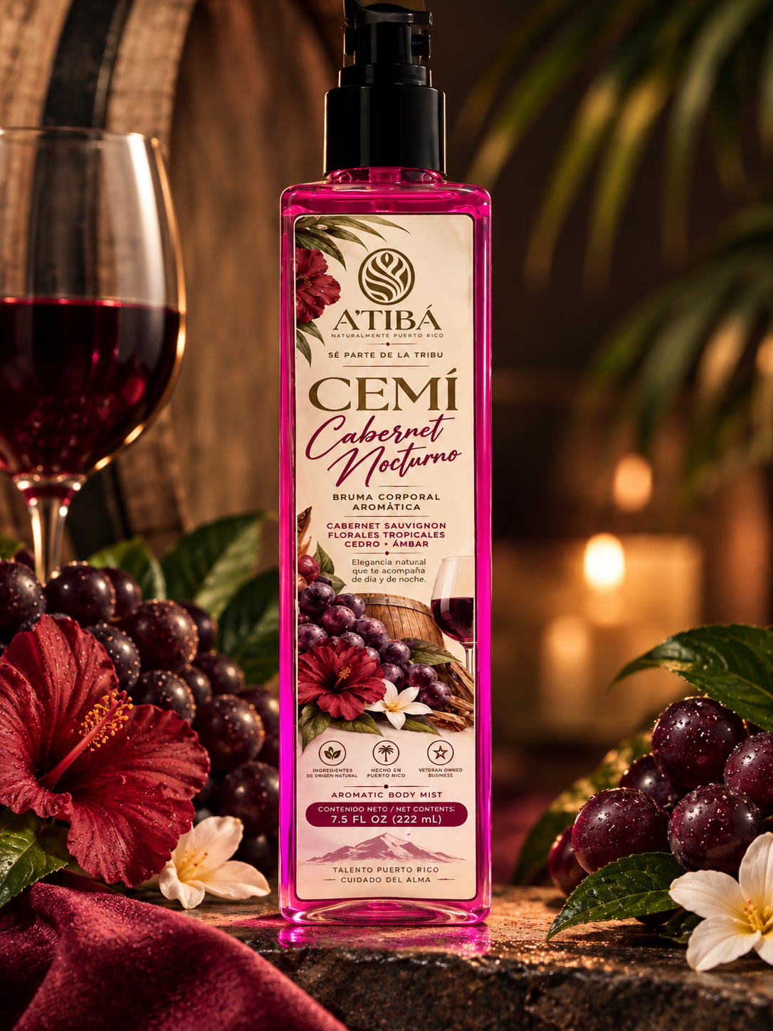 CEMÍ Cabernet Nocturno client information card — A'TIBÁ Skincare, bilingual fragrance description, directions and flammability warnings, Veteran-Owned Business