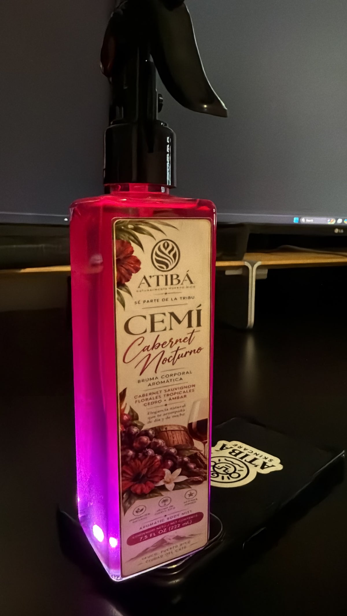 CEMÍ Cabernet Nocturno body mist by A'TIBÁ Skincare — actual product bottle, 7.5 fl oz / 222 mL spray bottle, dark wine and floral woody fragrance, Yauco Puerto Rico