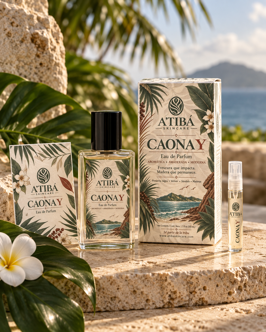 CAONA Y Eau de Parfum October 9 launch promo — Nuevo CAONA Y, Aromática Amaderada Moderna, Hecho en Puerto Rico, Frescura que impacta Madera que permanece, A'TIBÁ Skincare